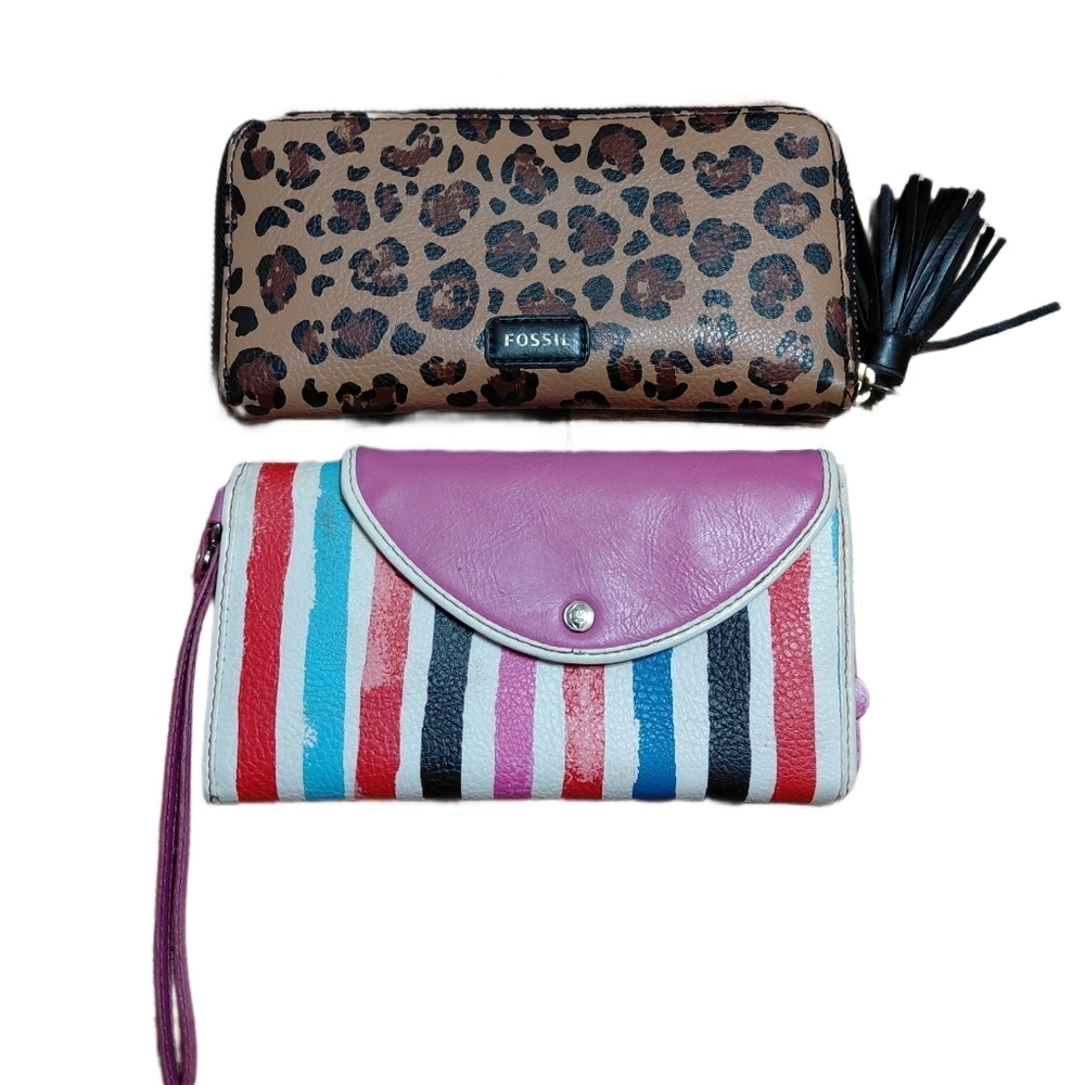 Fossil Brown Leopard Clutch Wallet and Relic Pink Striped Clutch Wallet